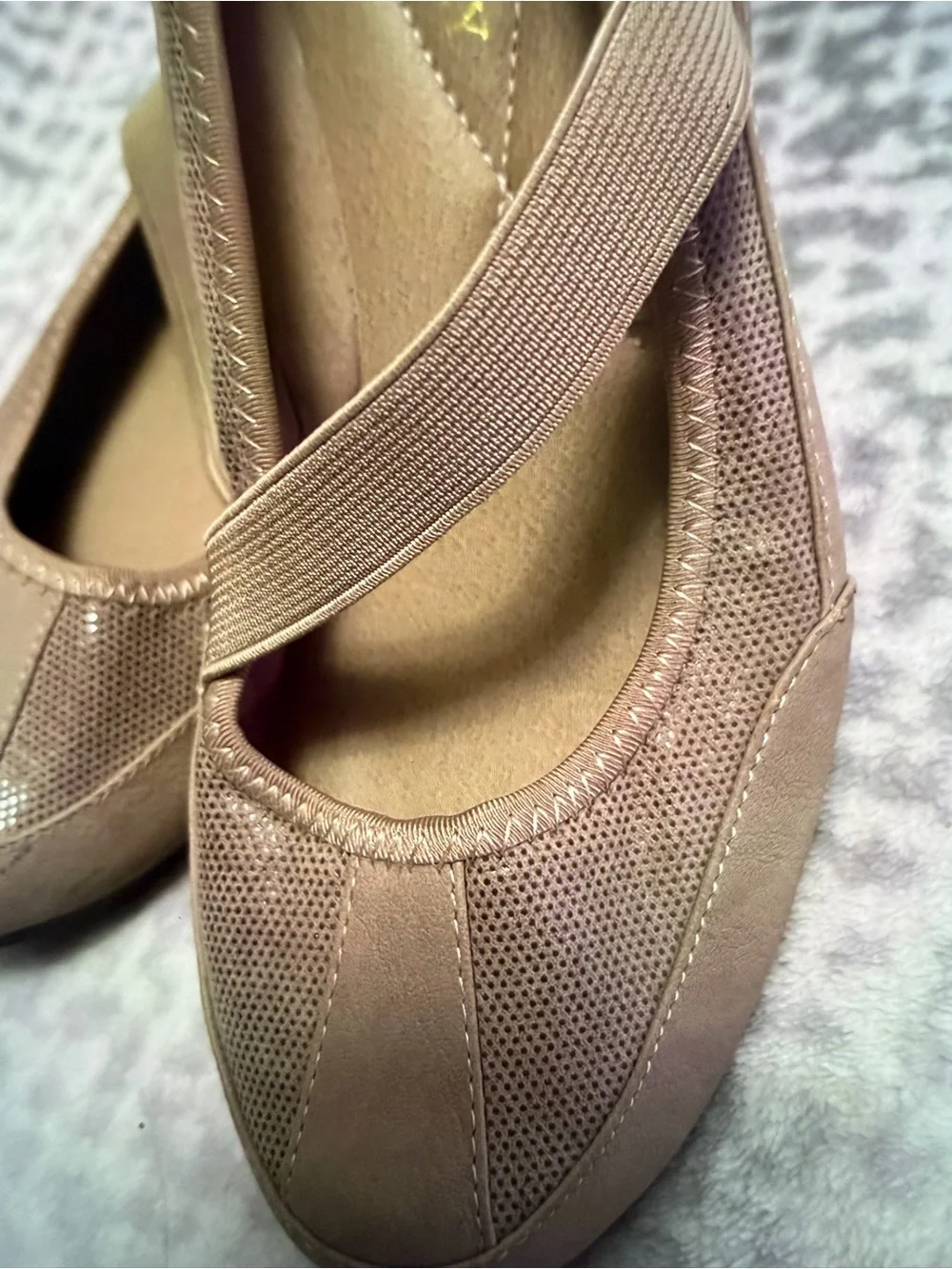Laura Ashley Taupe Mary Jane Wedges with Elastic Cross Strap